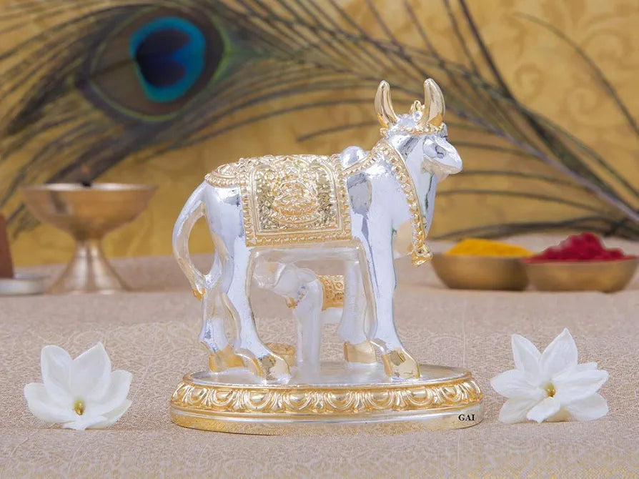 Gold Art India Kamdhenu Cow with Calf Idol Gold Silver Plated 3.3" Inch Silver
