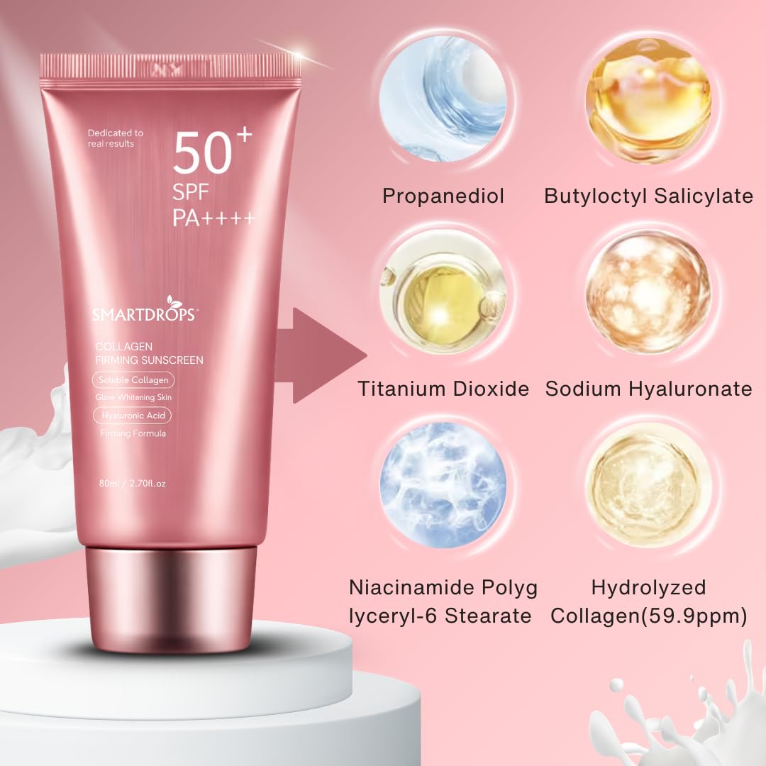 Smartdrops Collagen Sunscreen SPF 50+ PA++++ with Hyaluronic, Lightweight Daily Sun Protection Cream for Men & Women, All Skin Types (Pack 1)