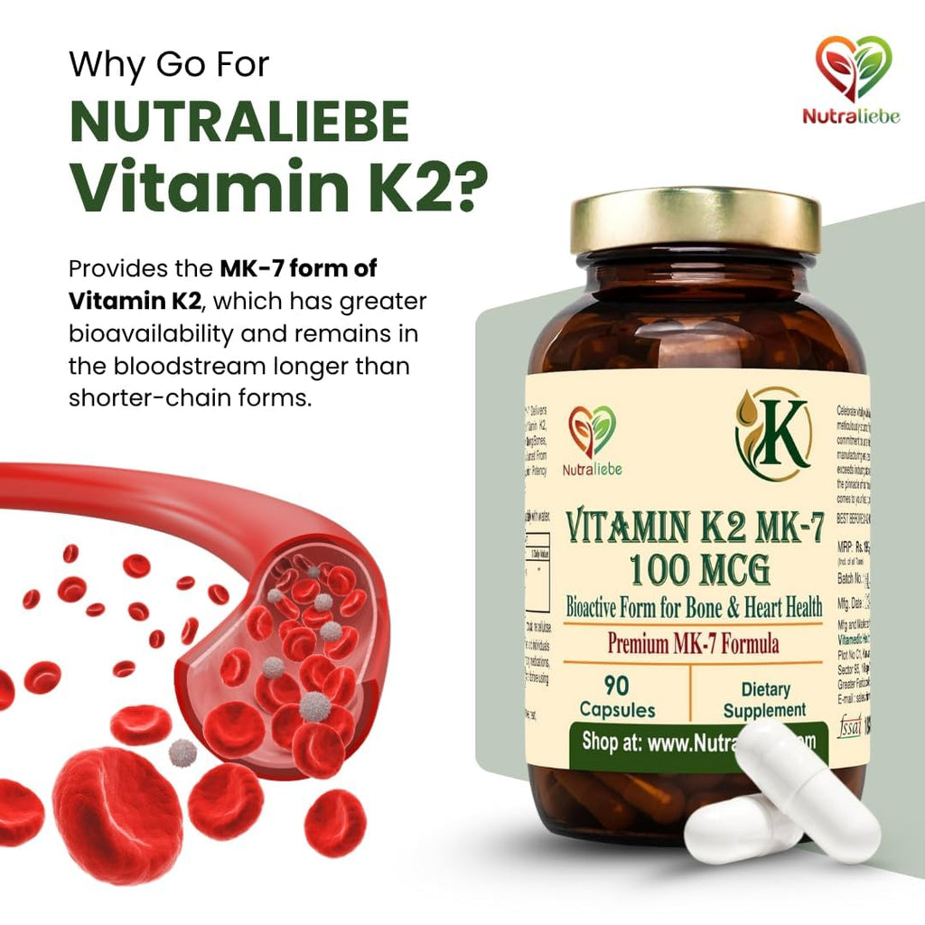 Nutraliebe Vitamin K2 (as MK-7 Menaquinone-7) â€“ High Bioavailability Formula for Bone Strength, Calcium Absorption & Heart Health | Supports Arterial Flexibility | 90 Veg Capsules | Non-GMO & Gluten-Free