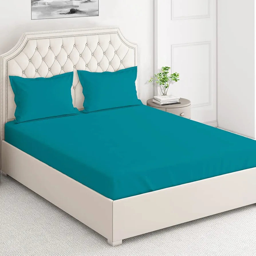Layers Be Bold Cotton Bedsheet Set for All Seasons Lightweight Moisture Absorbent Machine Washable 140 TC Queen Size Teal/Blue