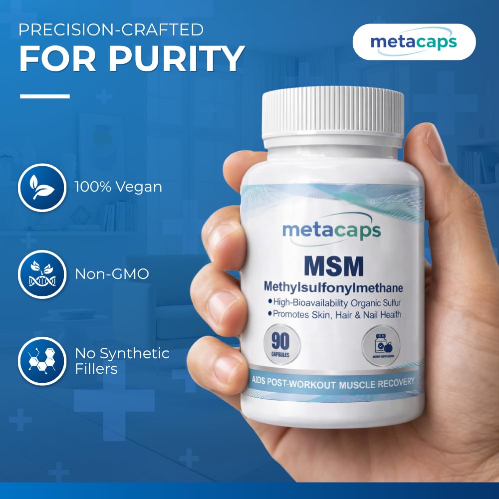 MetaCaps Pure MSM (Methylsulfonylmethane) 580mg – 90 Veg Capsules | High-Purity Organic Sulfur | Advanced Joint Comfort, Skin Health & Collagen Support | Supports Detoxification & Muscle Recovery | Non-GMO & Vegan