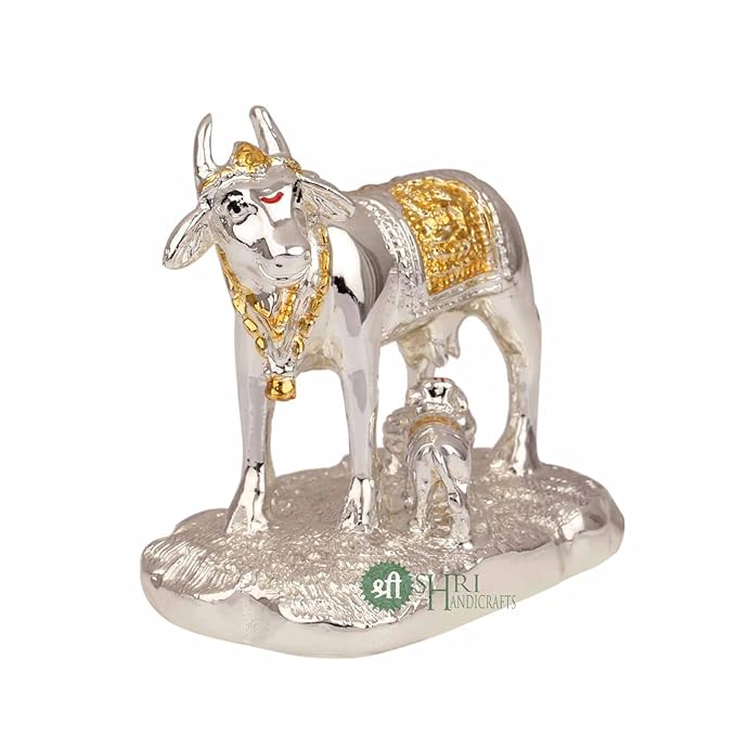 Indicast Resin Gold & Silver Plated Cow Idol With Calf Murti for Office Table and Home Decor & Gifts