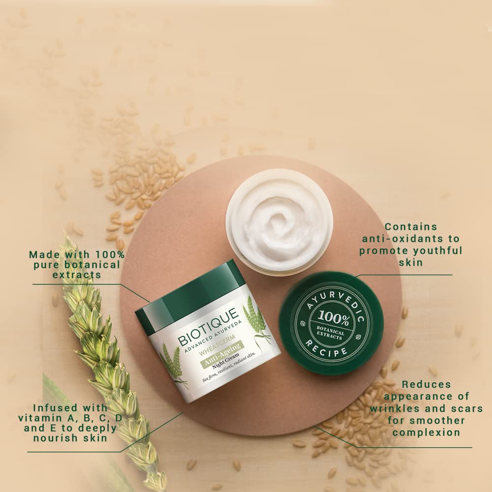 Biotique Wheat Germ Anti- Ageing Night Cream | Reduces Fine Lines | Lightens dark Spots | 100% Botanical Extracts | Suitable for All Skin Types | 50g
