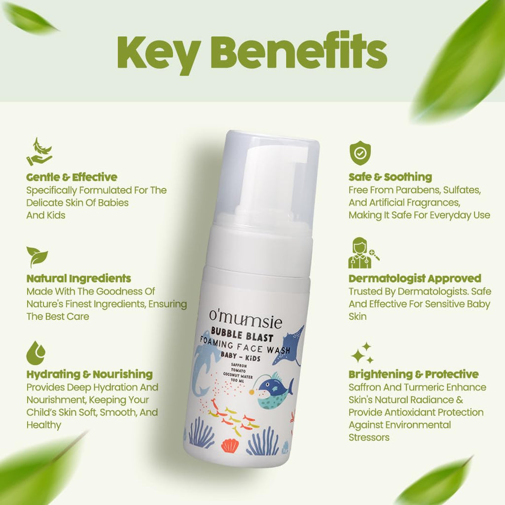 Omumsie's Bubble Blast Kids Foaming Face Wash | Gentle, Tear-Free Formula | Natural Ingredients for Sensitive Skin | Dermatologist Tested | 100ml