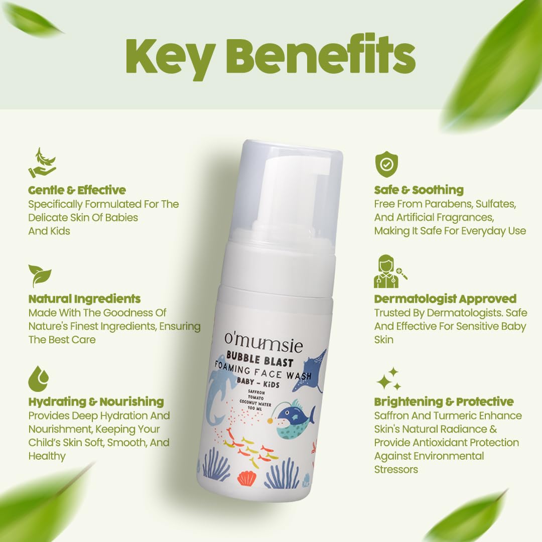 Omumsie's Bubble Blast Kids Foaming Face Wash | Gentle, Tear-Free Formula | Natural Ingredients for Sensitive Skin | Dermatologist Tested | 100ml
