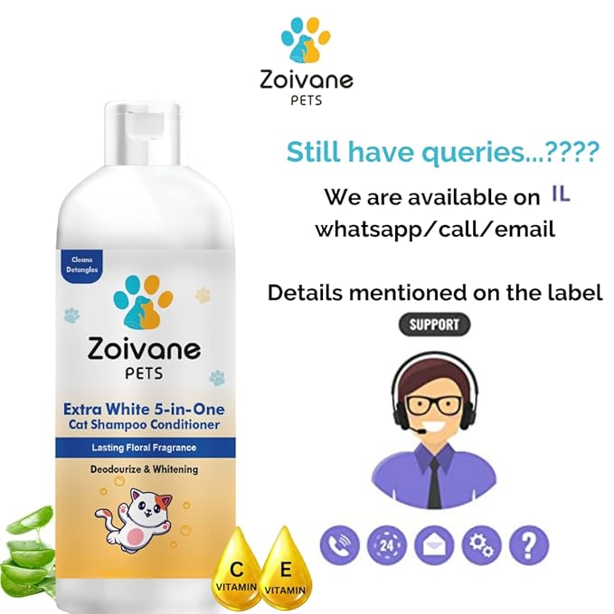 Zoivane 5 in 1 Extra White Cat Shampoo With Conditioner 200 Ml | Reduces Hair Fall | Enhances Coat Brightness | Pack of 1