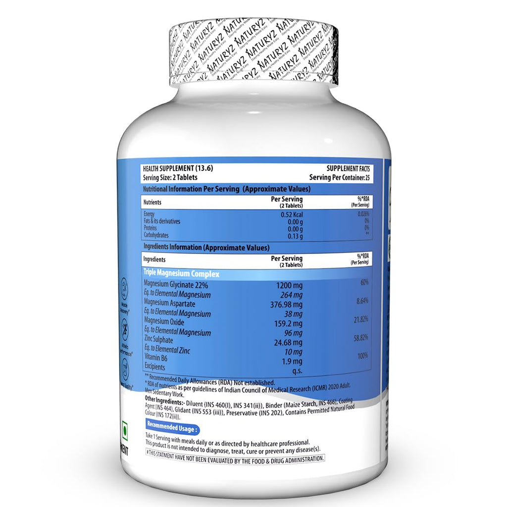 NATURYZ Triple 3-in-1 Magnesium Complex 1736mg (Glycinate, Aspartate & Oxide) with Zinc for Maximum Absorption | Supports Stress Relief, Sleep, Muscle Recovery, Nerves, Joints & Cognition - 50 Tablets