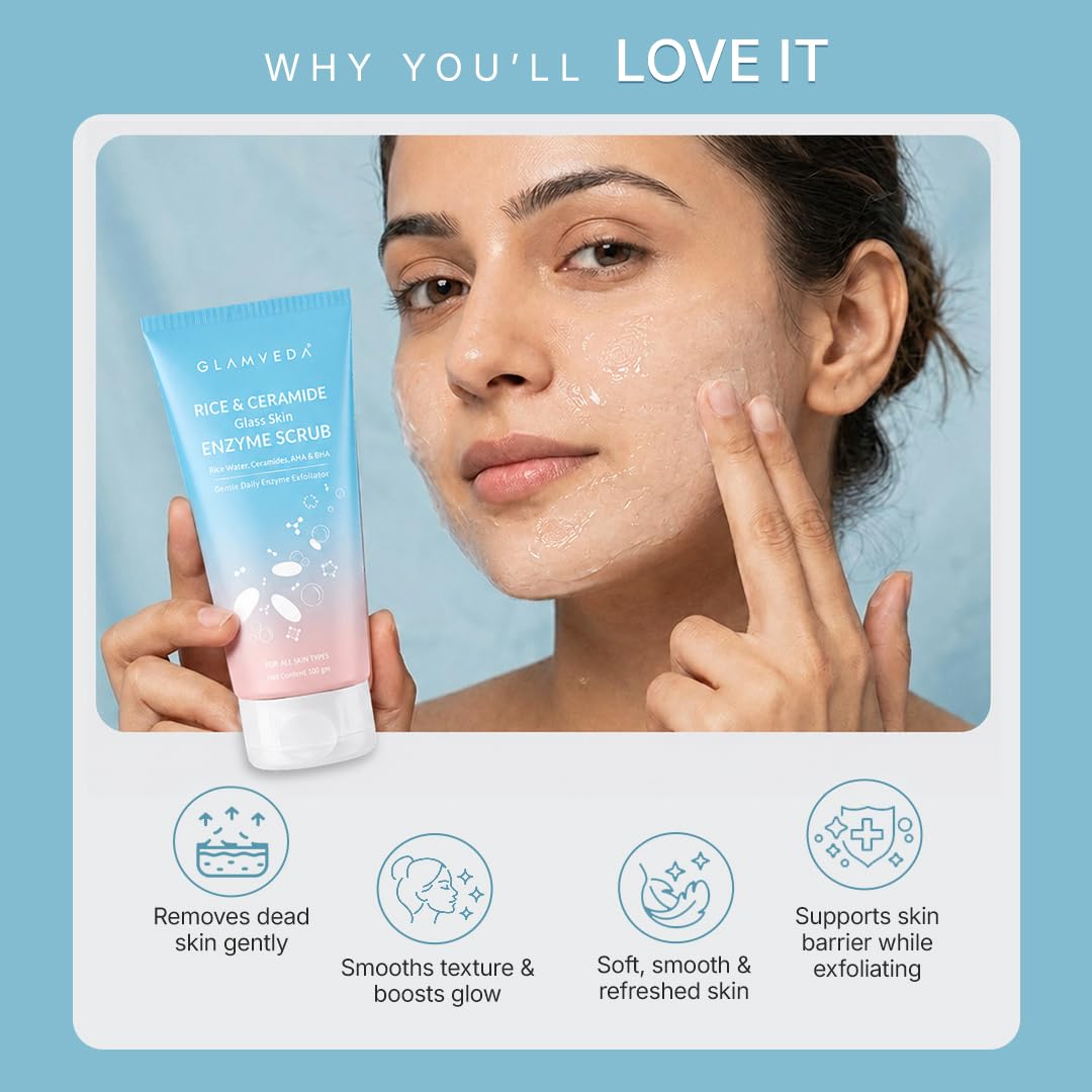 Glamveda Korean Rice & Ceramide Enzyme Scrub for Face | Gentle Daily Exfoliator with Rice Water, Lactic & Glycolic Acid, Niacinamide | Removes Dead Skin, Smoothens Texture & Boosts Glow | Face Scrub For Glowing Skin |100 gm