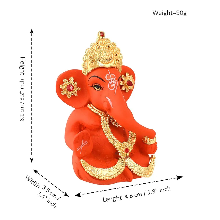 CraftVatika Ganesh Idol Murti Statue for Car Dashboard Ceramic Terracotta Gold Plated Orange