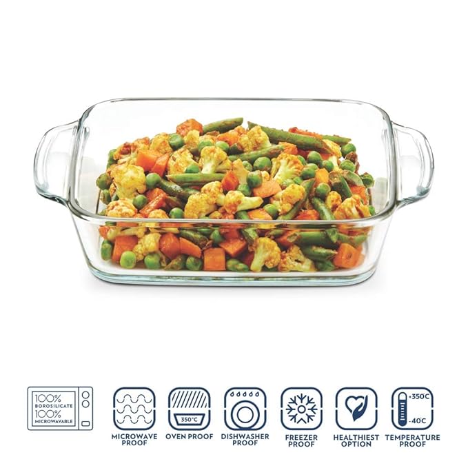 Borosil Glass Baking Dish | 1.6 Litres | Transparent | 1 Piece Square Dish With Handle