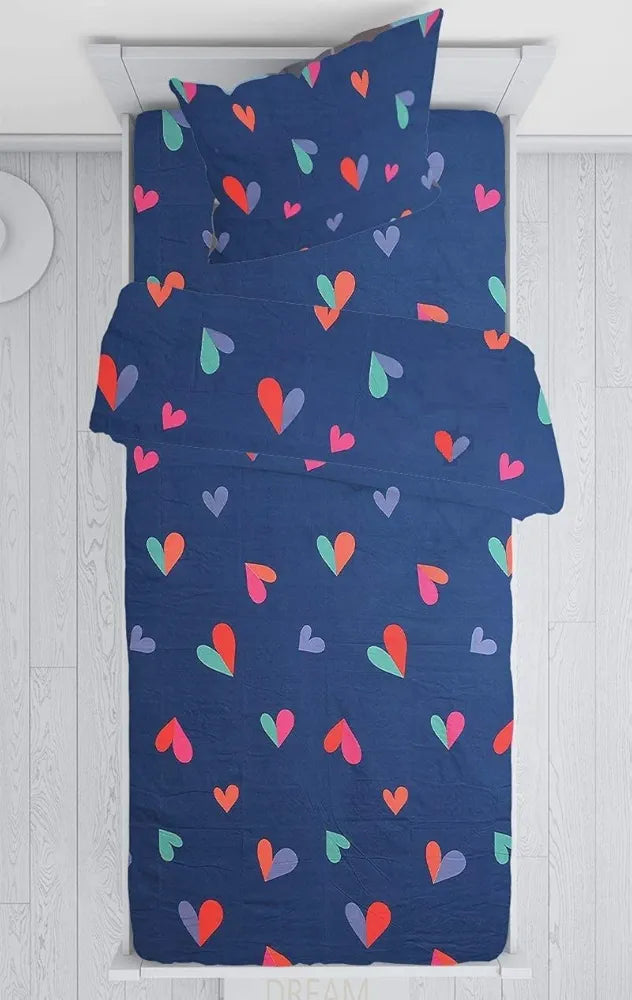 The Home Style Cotton Feel Glace Cotton Elastic Single Bed Bedsheet With 1 Pillow Cover,300 TC Blue Heart