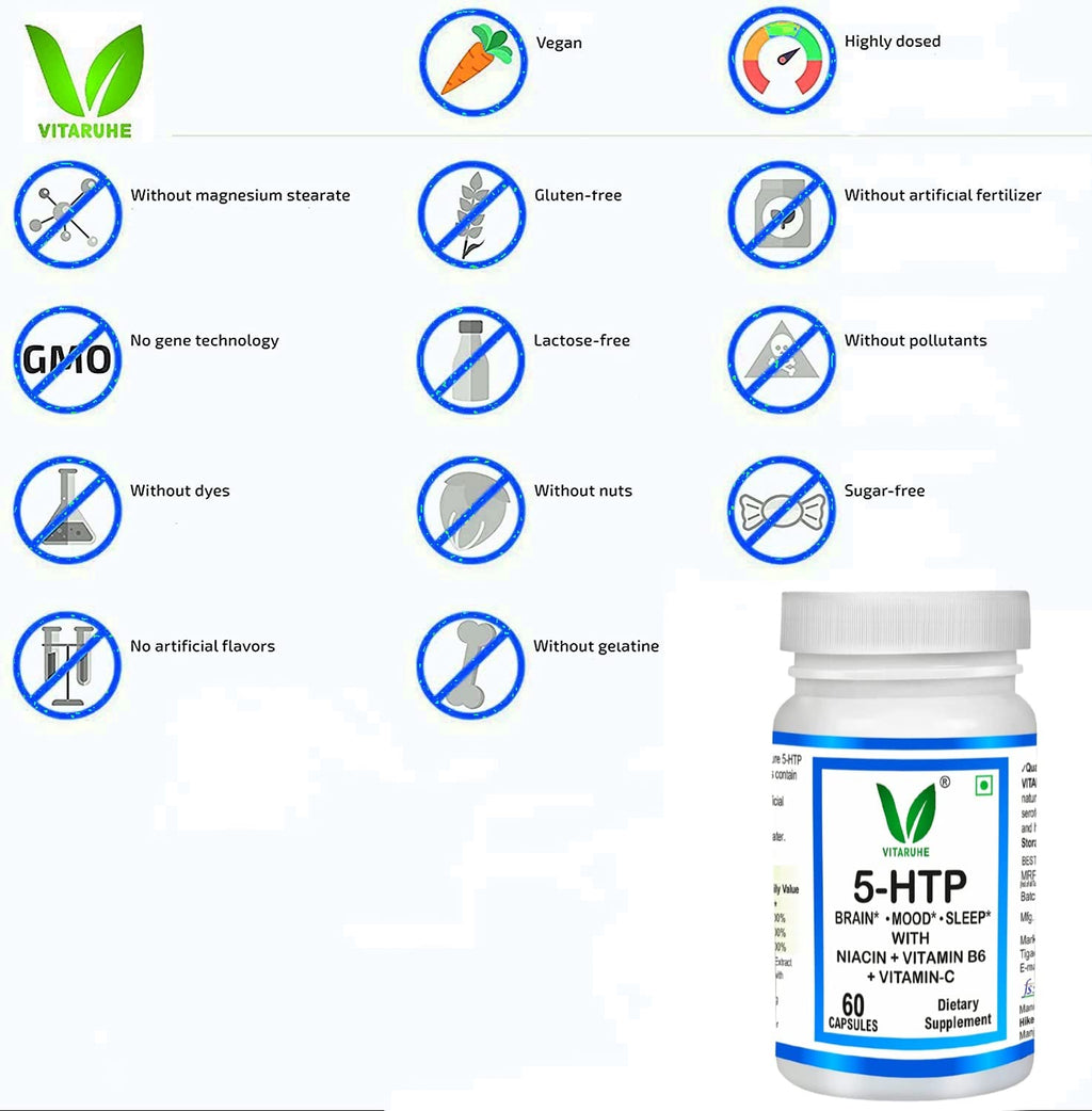 VITARUHE® 5-HTP Plus Formula 200 Mg for Mood, Stress, and Sleep Support, 60 Vegan Capsules
