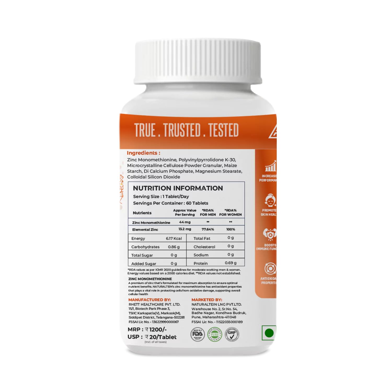 NATURALTEIN â€“ Zinc Monometheonine (60 Tablets) | 44 mg of pure zinc monomethionine, 12 mg of elemental zinc in each tablet | Tested and free from Heavy Metals