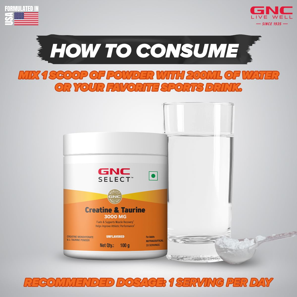 GNC Pure Micronized Creatine Monohydrate + Taurine | 100 gm | 33 Serving | Unflavoured | Instantized | Fuels Muscles | Increase Muscle Mass | Rapid Absorption | Faster Muscle Building| Lab Tested | Faster Muscle Recovery| Boost Performance | Imported