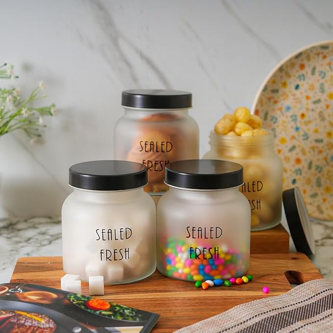 Femora Kitchen Storage Jars Frosted Glass Jar With Steel Lid Air Tight Jar | 700 Ml | Pack of 2 | Black Lid