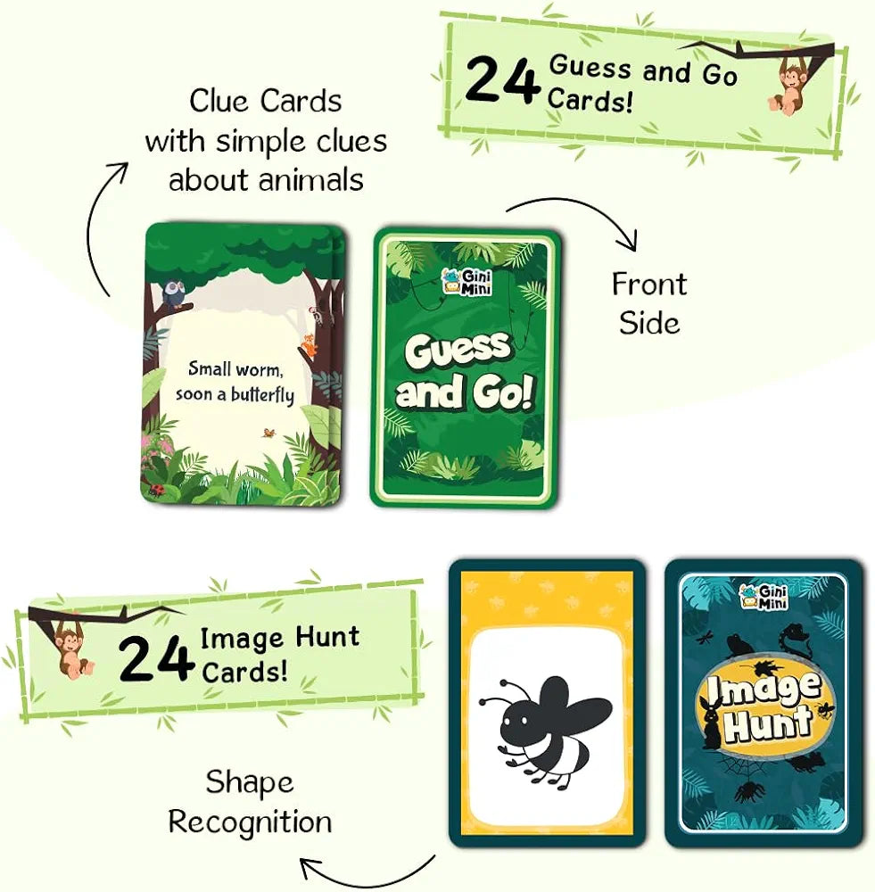 GiniMini Jungle Jumble 3-in-1 Jigsaw Puzzle - 20 Pieces, Image Hunt & Guess & Go Cards - Fine Motor, Cognitive, Vocabulary Skills for Kids 3+ Years