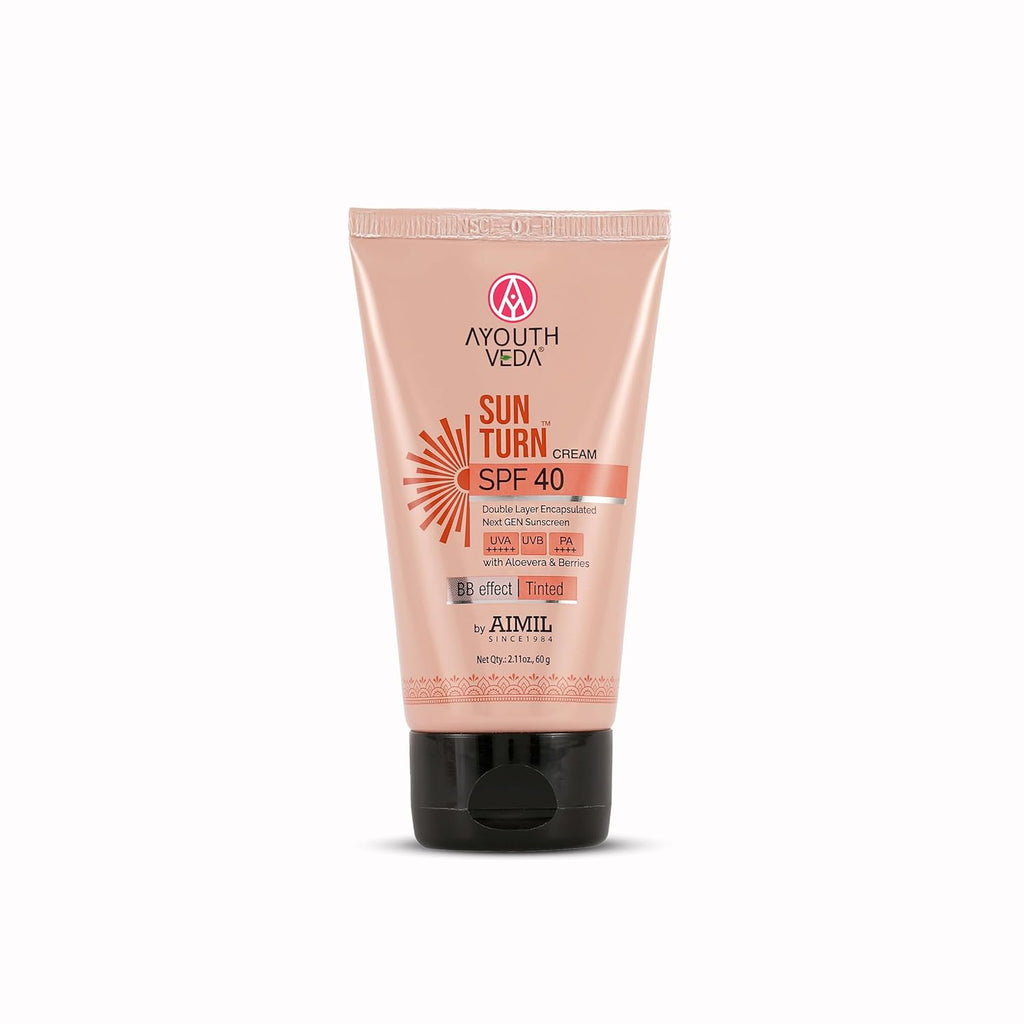 Ayouthveda Sunturn Cream SPF 40 Tinted Sunscreen with BB Effect & PA++++ | Zinc Oxide, Aloe Vera & Berry Extracts | Broad Spectrum UVA/UVB & Blue Light Protection | No White Cast | Lightweight & Water Resistant | 60g (Pack of 1)