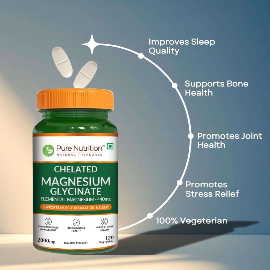 Pure Nutrition Chelated Magnesium Glycinate Supplement 2000mg - 120 Tablets | High Absorption Magnesium Supplements (Elemental 440mg) for Sleep, Cramps, Nerve Health, Relaxation, Bone & Joint Health