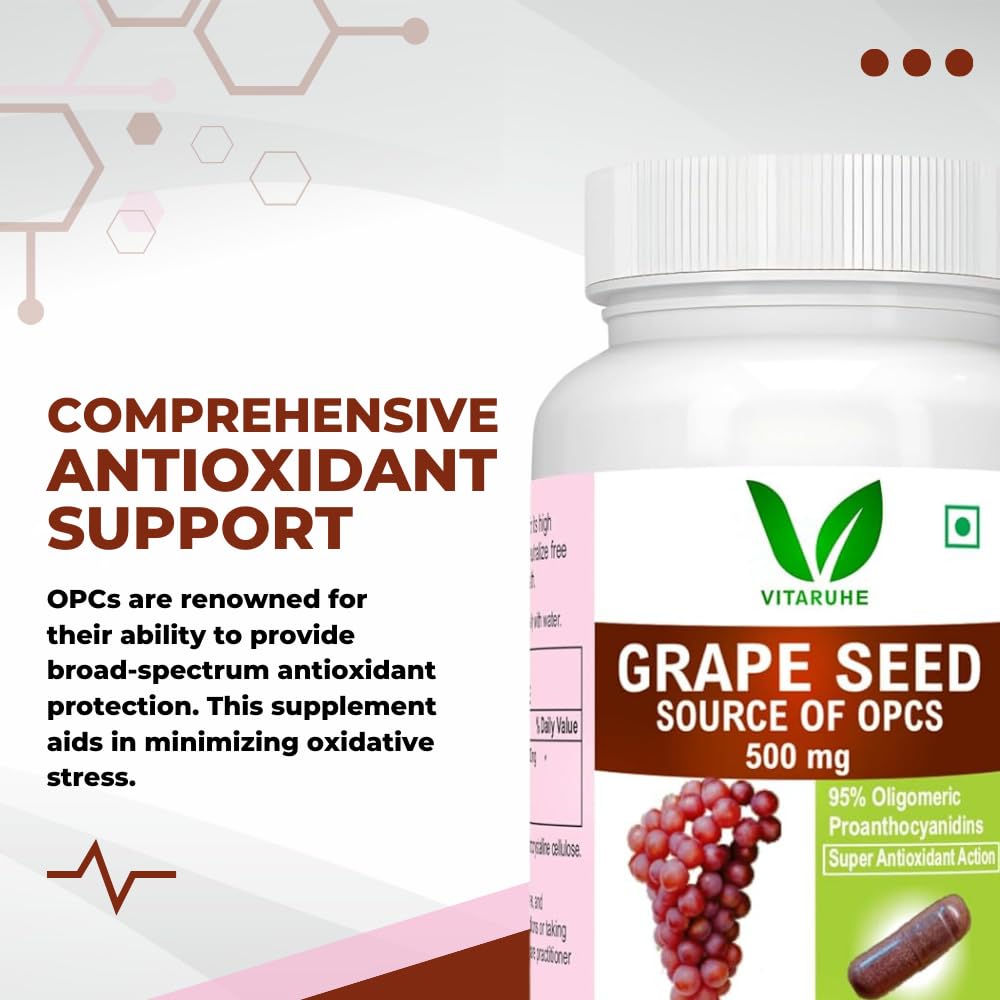 VITARUHE OPC Grape Seed Extract Capsules - Minimum 95% OPCs, Antioxidant Support, 90 Capsules