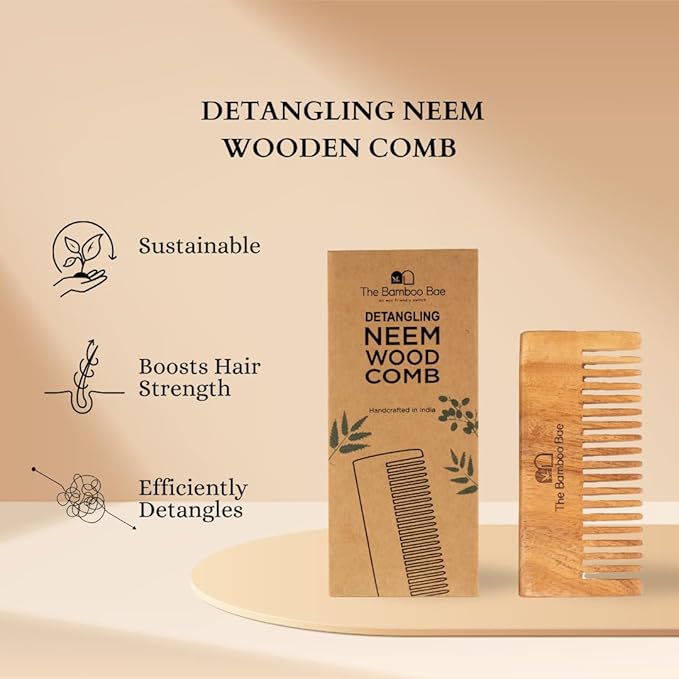 The Bamboo Bae Handmade Neem Wood Comb | Neem Comb for Detangling and Hair Growth | Shampoo Comb