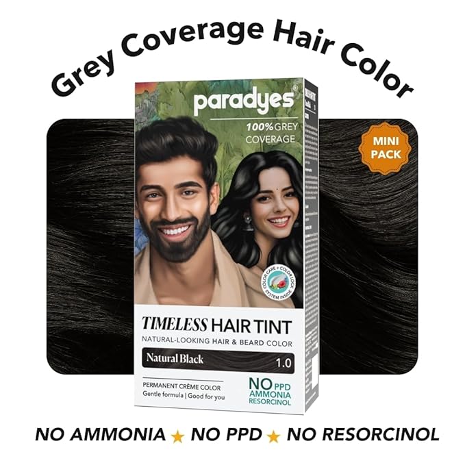 Paradyes Mini Natural Black Timeless Hair Tint, Permanent Creme Hair Color for Hair & Beard - 1.0 Natural Black | 60 Gms