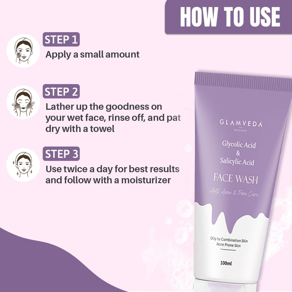 Glamveda Glycolic Acid & 0.05% ww Salicylic Acid Anti Acne face wash | For Oily & Acne Prone Skin | Oil balancing, Deep Cleansing | No Paraben, SLS | 100 ml