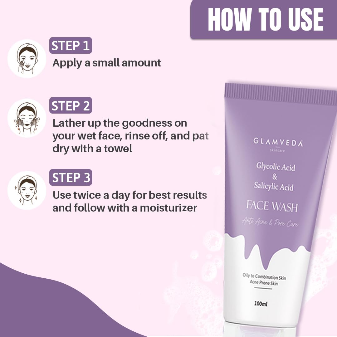 Glamveda Glycolic Acid & 0.05% ww Salicylic Acid Anti Acne face wash | For Oily & Acne Prone Skin | Oil balancing, Deep Cleansing | No Paraben, SLS | 100 ml