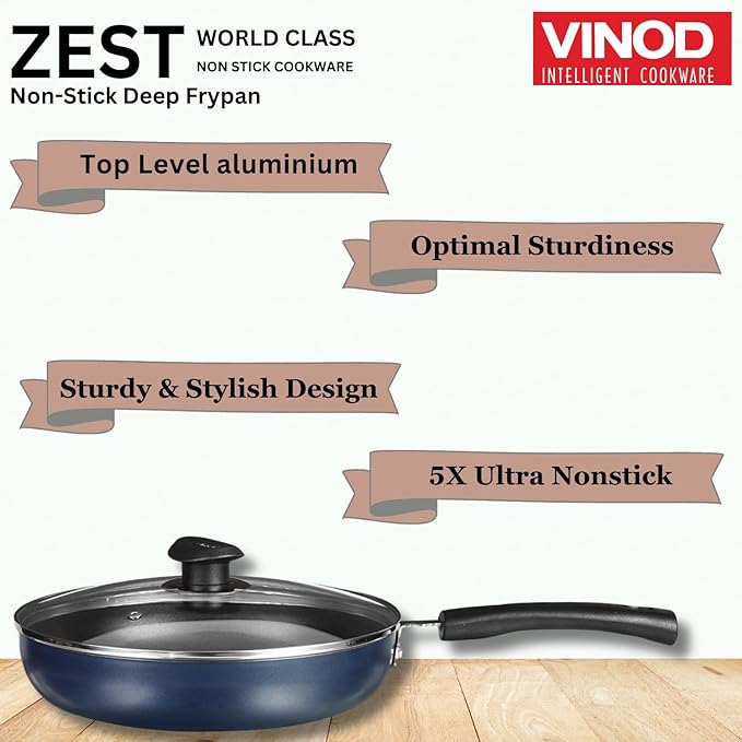 Vinod Zest Aluminium Non Stick Deep Frypan with Glass Lid - 28 cm | 3 Layer Ceramic Coating | 3 mm Extra Thick