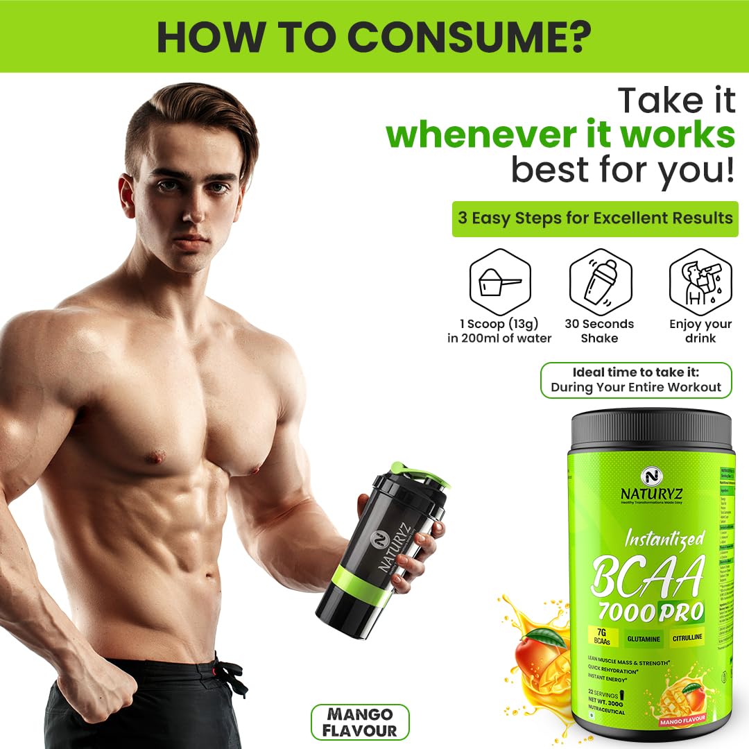 NATURYZ Instantized BCAA 7000 PRO |7G Vegan BCAAs | Glutamine | Citrulline | Electrolytes | 0 Added Sugar | Powerful Pre/Post & Intra Workout Amino for Lean Muscle Growth, Strength, Quick Re-Hydration & Instant Energy - 300g(Mango)