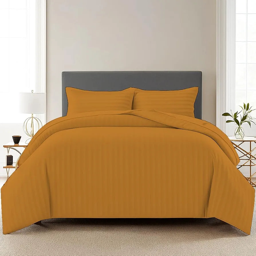 Trance Home Linen Zippered 100% Cotton 200TC Satin Stripe King Size Duvet Cover Quilt Cover Blanket Cover Razai Comforter Cover with 2 Pillow Covers Colour Mustard Yellow