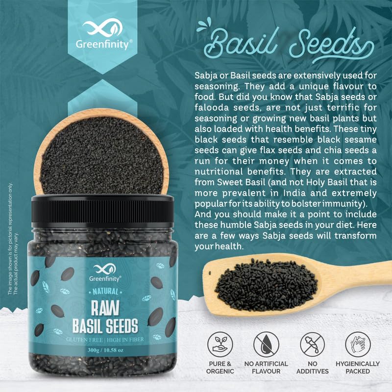 GreenFinity Healthy Basil Seeds | Rich in Omega-3, Dietary Fibre, and Antioxidant Seeds for Weight Management | Rich in Calcium, Protein & Fibre, Salads, Snacks, Smoothies Seeds Tukmaria (300g)
