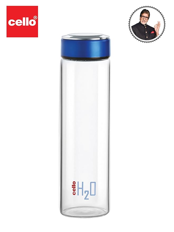 Cello H2o Borosilicate Glass Water Bottle | 600 ml | Blue