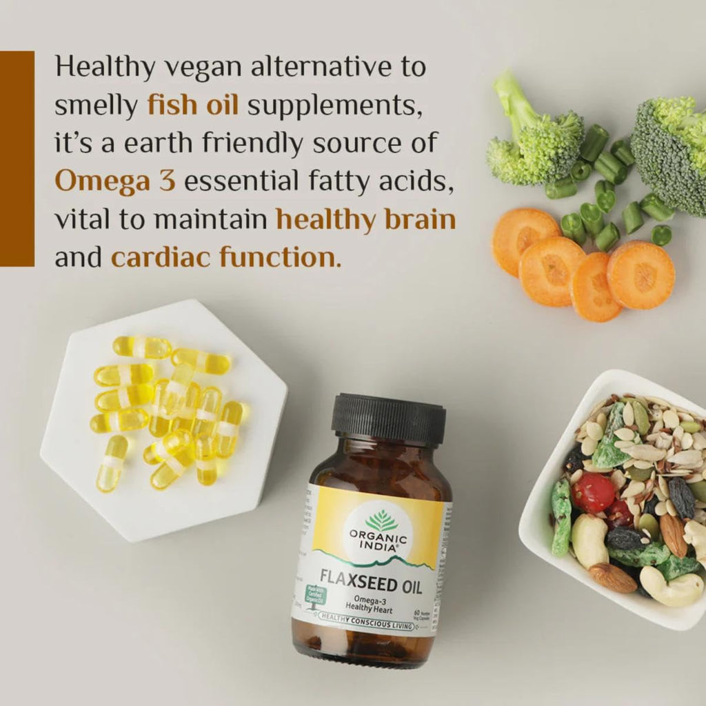A TATA Product - Organic India Flaxseed Oil - 60 Veg Capsules, Natural Omega-3, Helps Reduce Cholesterol, Supports Healthy Skin, Hair & Nails, Joint Flexibility, GMP & NPOP Certified Organic