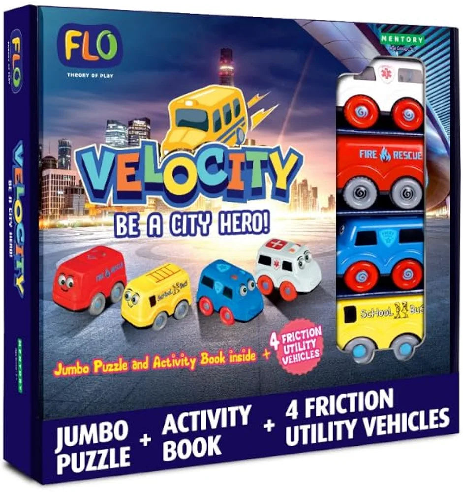 FLO Velocity Rescue Vehicle Puzzle Set 4-Piece Friction Cars  with 58x86 cm Floor Puzzle & Storybook STEM Adventure Toy for Boys & Girls Ages 5+