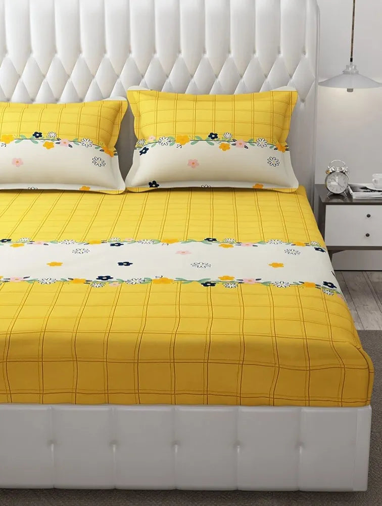 The Home Style Cotton Feel Glace Cotton Elastic Fitted Printed King Size Double Bed Bedsheet With 2 Pillow Cover,350 TC Cadmium Yellow