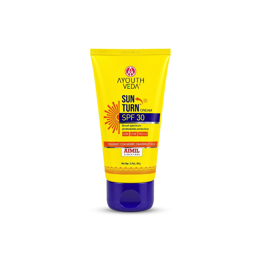 Ayouthveda Sun Turn Cream SPF 30 PA+++ Sunscreen | Hydrating Sun Protection with Hyaluronic Acid, Mulberry, Cranberry & Grapefruit | Broad Spectrum UVA/UVB Defense | Non-Greasy, Water-Resistant Sunscreen for Face & Body | 60g