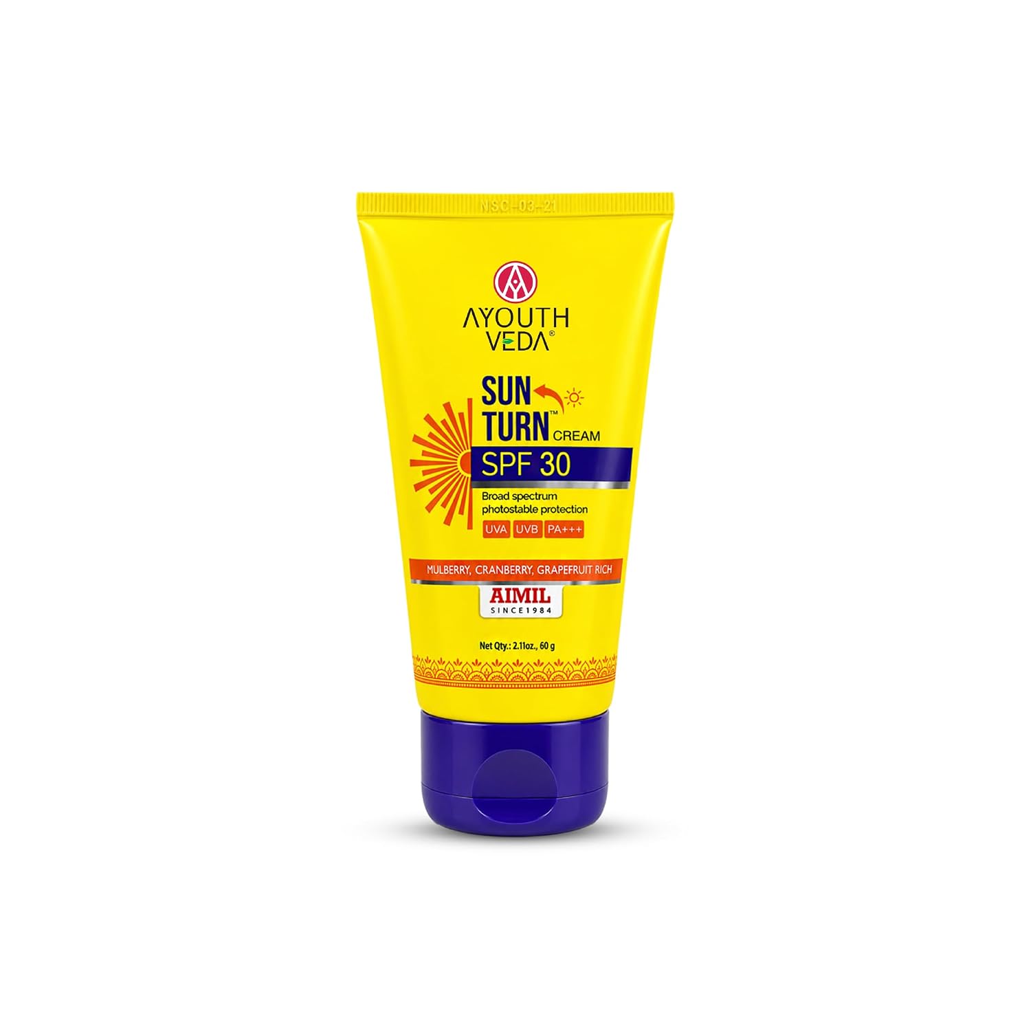 Ayouthveda Sun Turn Cream SPF 30 PA+++ Sunscreen | Hydrating Sun Protection with Hyaluronic Acid, Mulberry, Cranberry & Grapefruit | Broad Spectrum UVA/UVB Defense | Non-Greasy, Water-Resistant Sunscreen for Face & Body | 60g