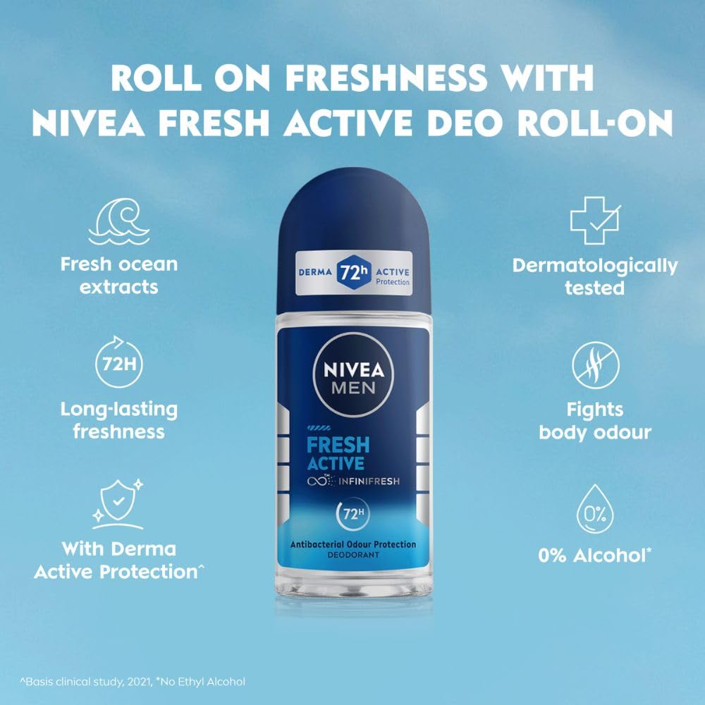NIVEA MEN Fresh Active 50ml Deo Underarm Roll On | With Fresh Ocean Extracts Scent| 72 H Freshness| 0% Alcohol | Dermatologically Approved & Paraben Free Formula