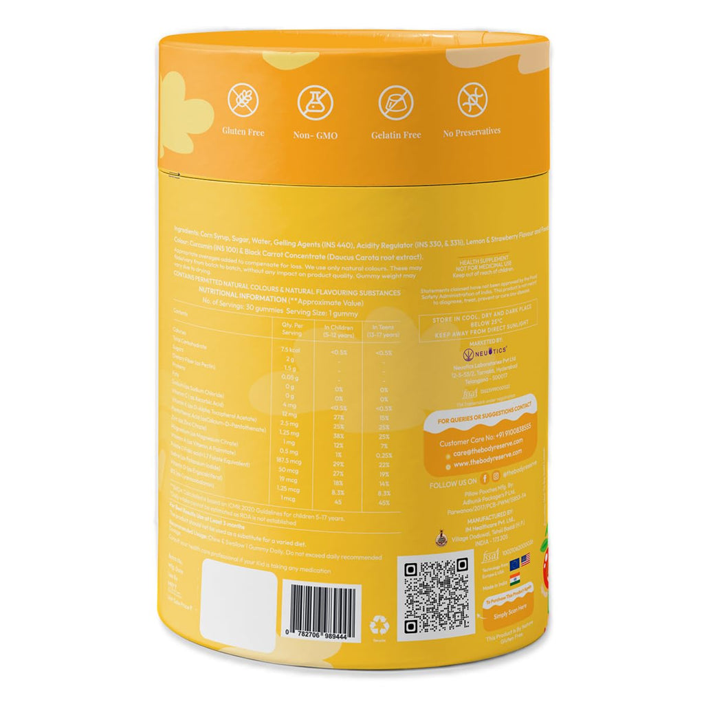 The Body Reserve's Multivitamin Gummies For Kids With 10 Vitamins & Minerals Helps Kids Growth, Strong Bones & Teeth, Improves Immunity, Antibody Production Lemon & Strawberry Flavour 30 Gummies