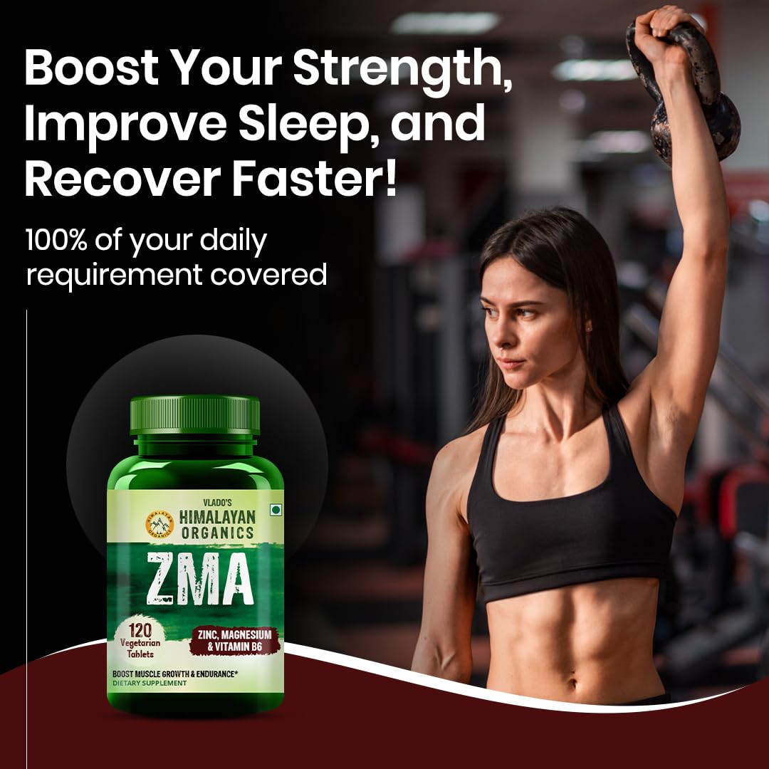 Vlado’s Himalayan Organics ZMA (Zinc Magnesium Aspartate ) Zinc Supplement For Men And Women - Zinc Tablets and Magnesium Supplements with Vitamin B6 - Support Muscle Recovery and Sleep Quality I Sports Recovery - 120 Veg Tablets