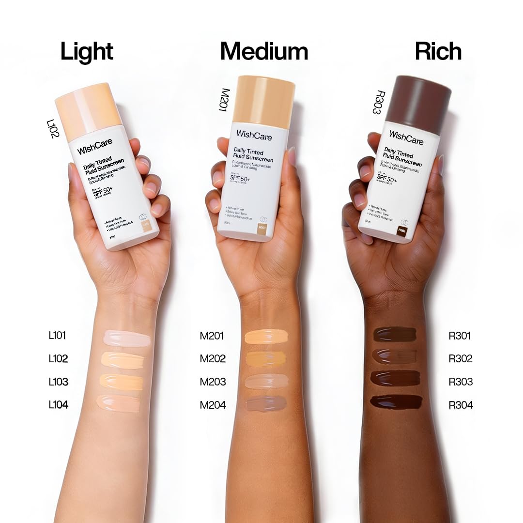 WishCare Daily Fluid Tinted Sunscreen SPF50 PA++++ | M201 | Broad Spectrum Protection for all skin types| In-Vivo Tested Tinted Sun Screen | D-Panthenol, Niacinamide, Ectoin & Ginseng | Evens & Protects | 50ml