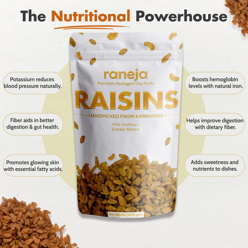 Raneja Golden Seedless Raisins | Premium High in Antioxidants | Naturally Sweet and Tasty|Energy Booster| Raisins Seedless/Kishmish, Draksh, Dry Fruits, Snack, Source of Dietary Fibre