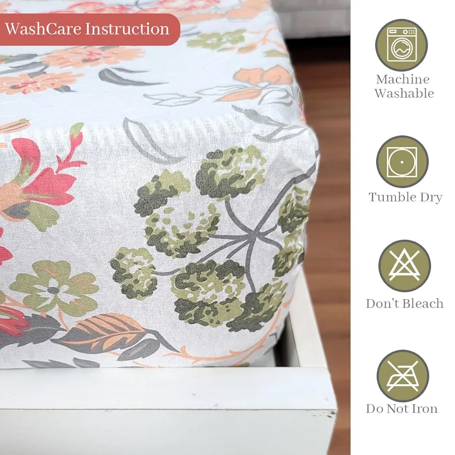 Divine Casa 144 Tc Cotton Floral Print King Size Double Bed Elastic Fitted Bedsheet With 2 Pillow Cover Colour Galaxy Peach