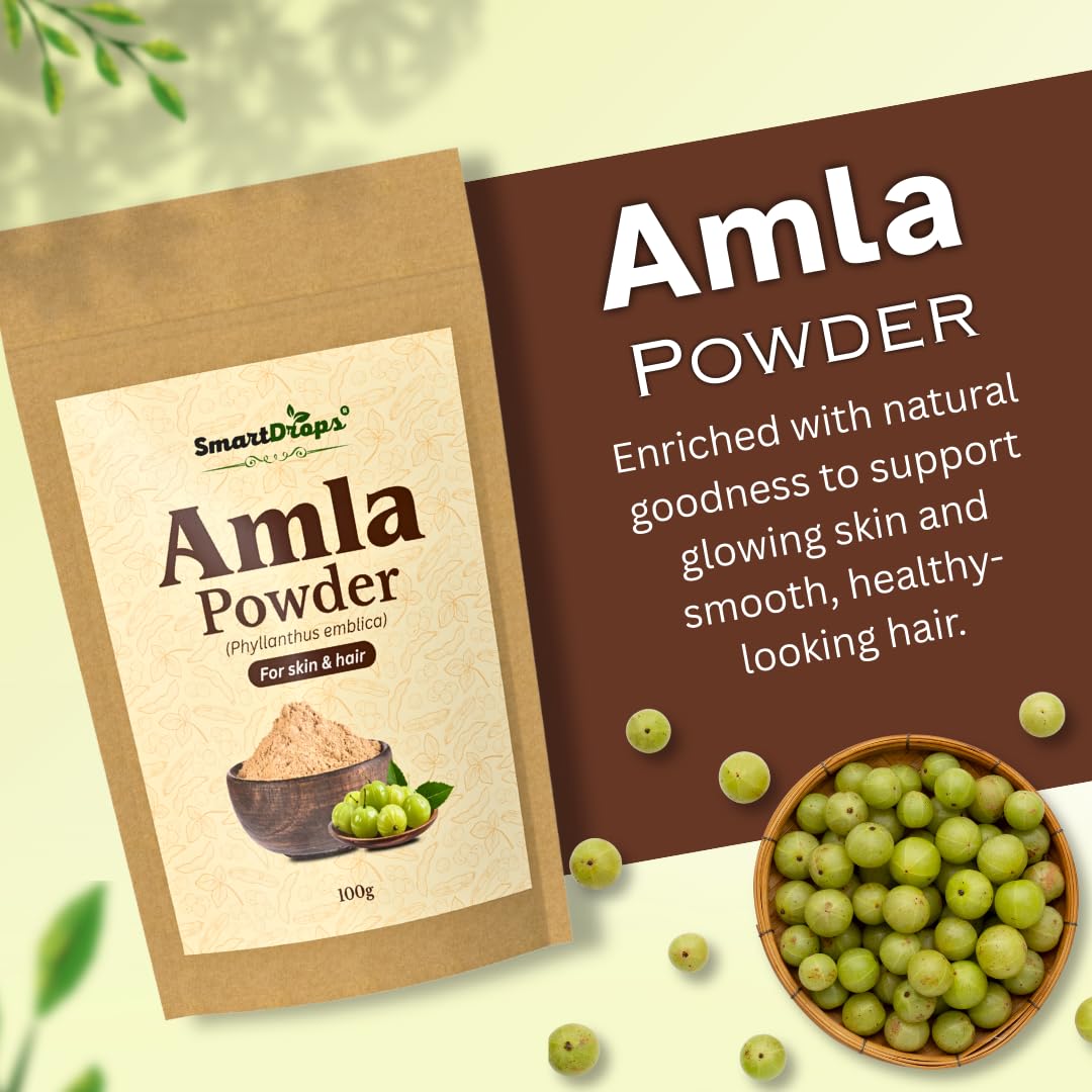 Smartdrops Amla Powder for Hair Care Natural Hair Pack Powder for Scalp Massage Hair Mask DIY Hair Care Routine | Indian Gooseberry | Ideal for Hair, Skin, or Culinary Use | 100g (Pack-1)