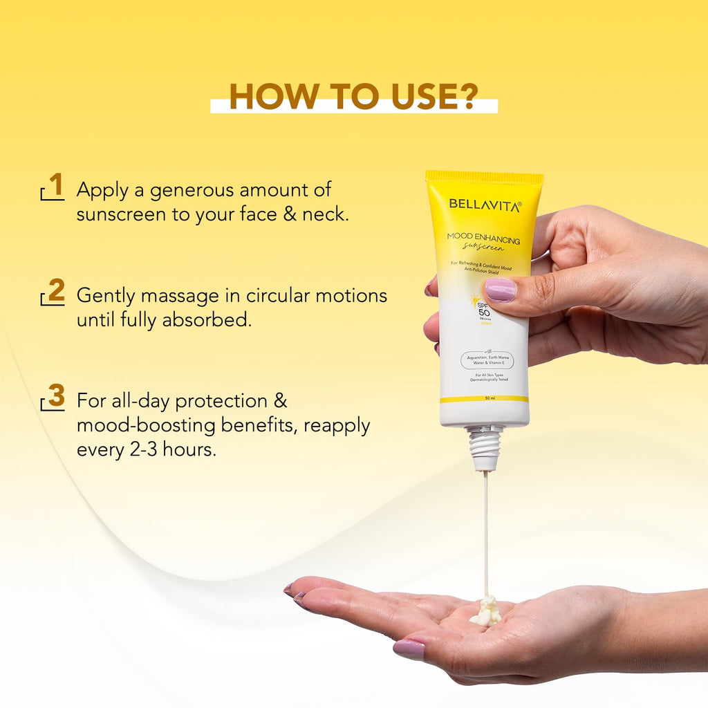 BELLAVITA Sunscreen SPF 50, Mood Enhancing Sunscreen, PA++++, Non-Greasy, No White Cast | Broad Spectrum & UVA+UVB Protection | For Men & Women- 50 ML