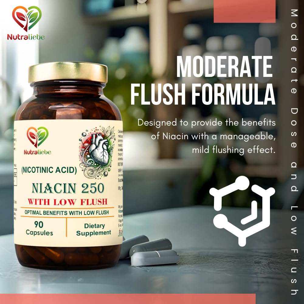 Nutraliebe Niacin Nicotinic Acid - Moderate Dose, Low Flush Formula, 90 Capsules for Cardiovascular and Energy Support
