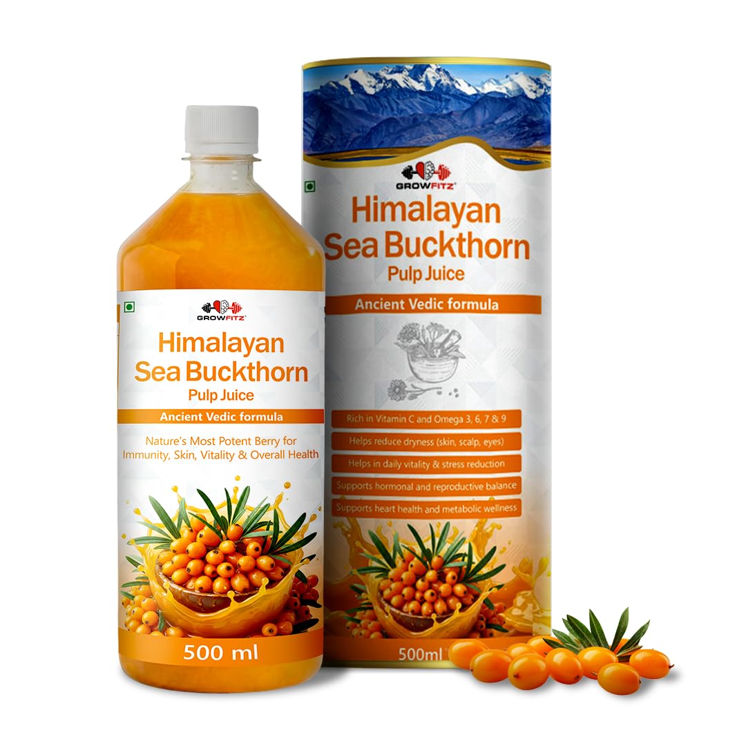 Growfitz Himalayan Sea Buckthorn Pulp Concentrate 500 ML | Cold-Pressed | Makes 80 Glass, Natural Vitamin C, Omega 3 6 7 9, Antioxidants | Immunity, Skin Glow & Gut Health Support | Seabuckthorn Juice