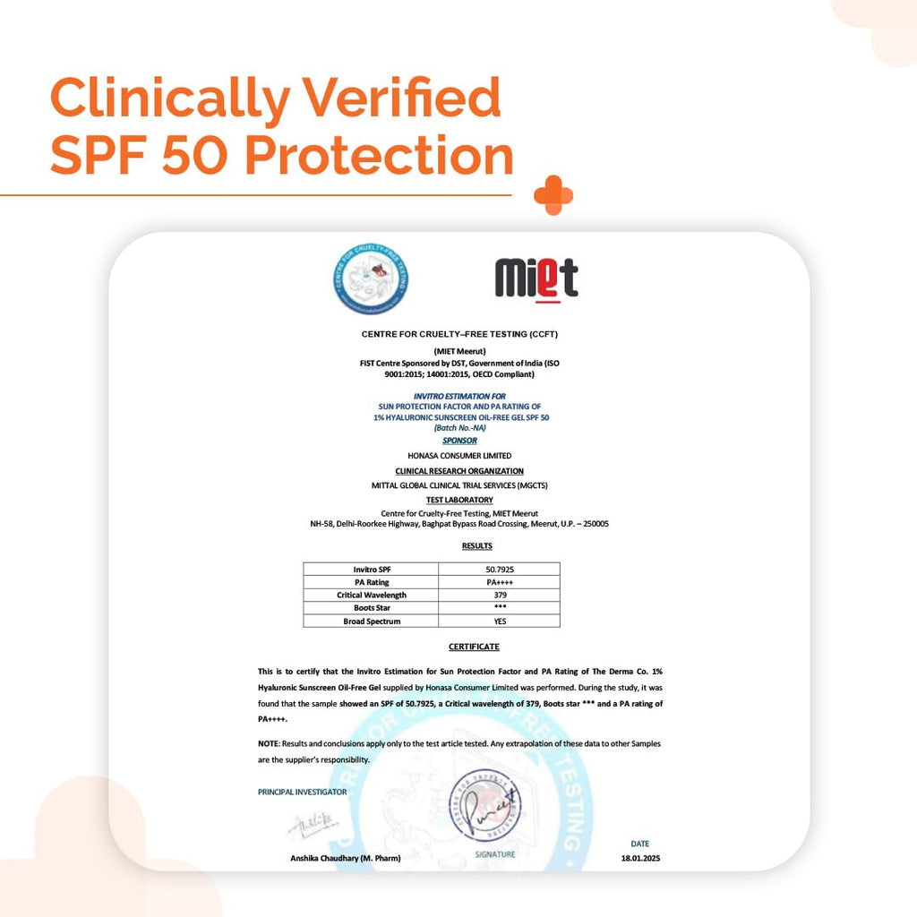 The Derma Co 1% Hyaluronic Sunscreen Oil-Free Matte Gel SPF 50 PA++++ | For Oily, Acne-Prone Skin | Lightweight Texture | No White Cast | Broad Spectrum Protection & Blue Light Protection | Non- Comedogenic 50g