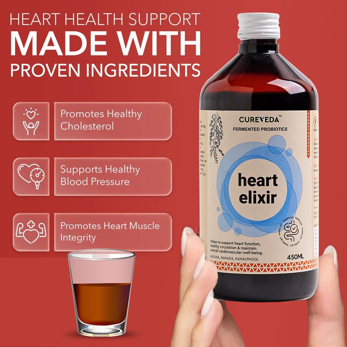 Cureveda Herbal Heart Elixir (Arjuna, Manuka, Kamalphool) Heart Health 450ml Syrup