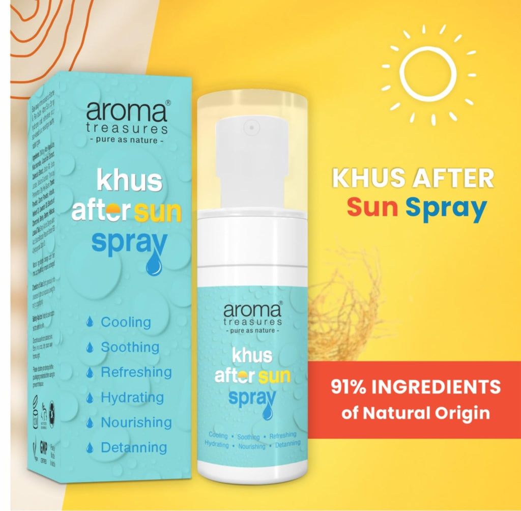 Aroma Treasures Khus After Sun Spray | Hydrating & Detanning Face & Body Mist with Aloe Vera, Niacinamide & Khus Oil | 91% Natural Ingredients | Use Before Sunscreen & After Sun Exposure – 50ml